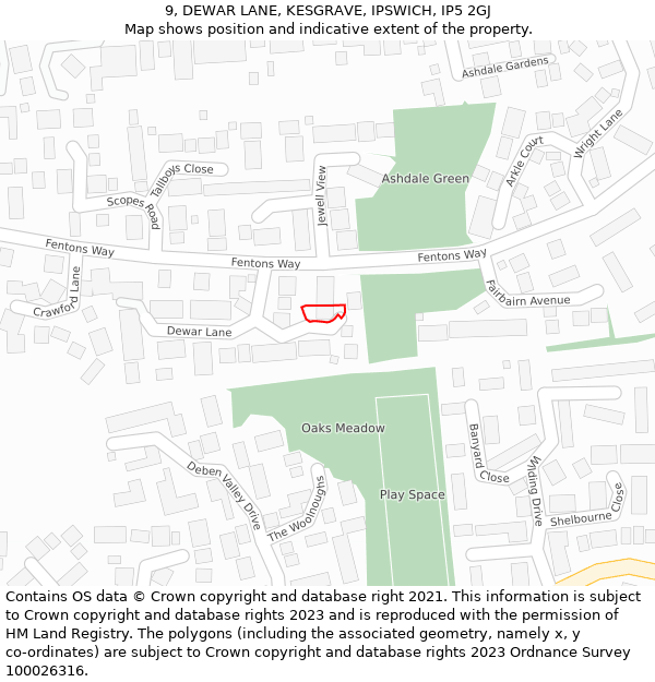 9, DEWAR LANE, KESGRAVE, IPSWICH, IP5 2GJ: Location map and indicative extent of plot