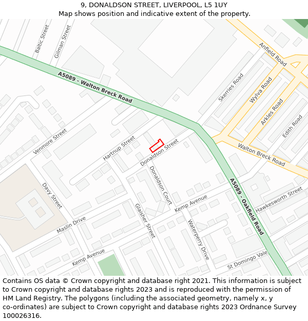9, DONALDSON STREET, LIVERPOOL, L5 1UY: Location map and indicative extent of plot