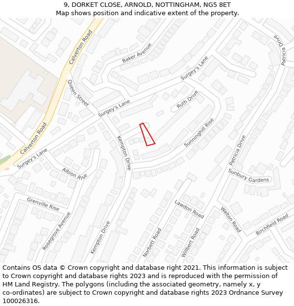 9, DORKET CLOSE, ARNOLD, NOTTINGHAM, NG5 8ET: Location map and indicative extent of plot