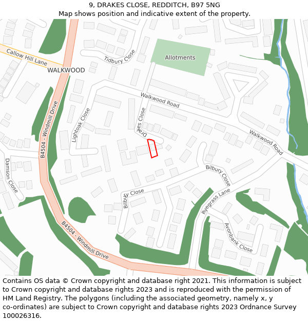 9, DRAKES CLOSE, REDDITCH, B97 5NG: Location map and indicative extent of plot