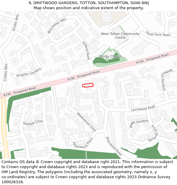 9, DRIFTWOOD GARDENS, TOTTON, SOUTHAMPTON, SO40 8WJ: Location map and indicative extent of plot