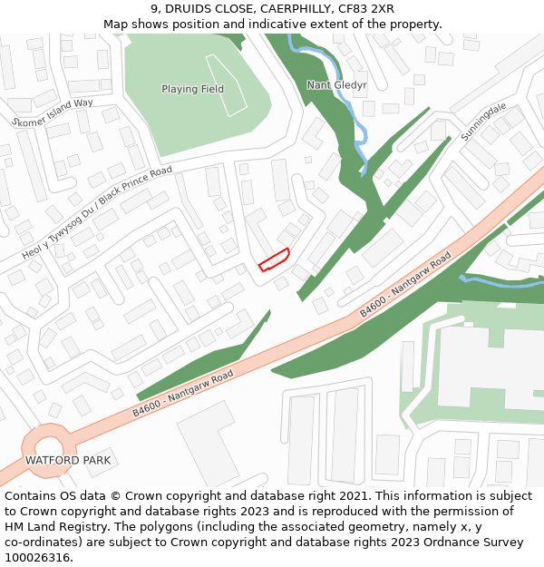 9, DRUIDS CLOSE, CAERPHILLY, CF83 2XR: Location map and indicative extent of plot