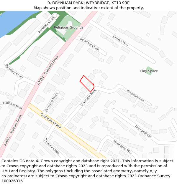 9, DRYNHAM PARK, WEYBRIDGE, KT13 9RE: Location map and indicative extent of plot