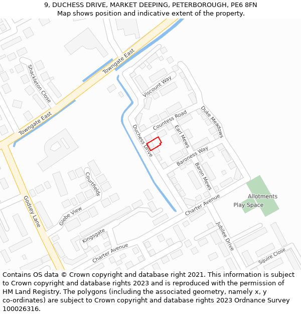 9, DUCHESS DRIVE, MARKET DEEPING, PETERBOROUGH, PE6 8FN: Location map and indicative extent of plot