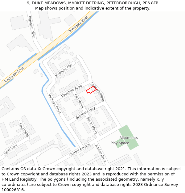 9, DUKE MEADOWS, MARKET DEEPING, PETERBOROUGH, PE6 8FP: Location map and indicative extent of plot