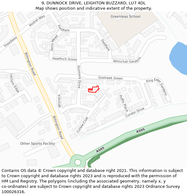 9, DUNNOCK DRIVE, LEIGHTON BUZZARD, LU7 4DL: Location map and indicative extent of plot