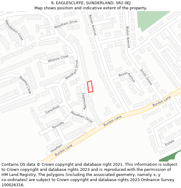 9, EAGLESCLIFFE, SUNDERLAND, SR2 0EJ: Location map and indicative extent of plot