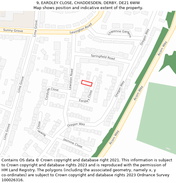 9, EARDLEY CLOSE, CHADDESDEN, DERBY, DE21 6WW: Location map and indicative extent of plot