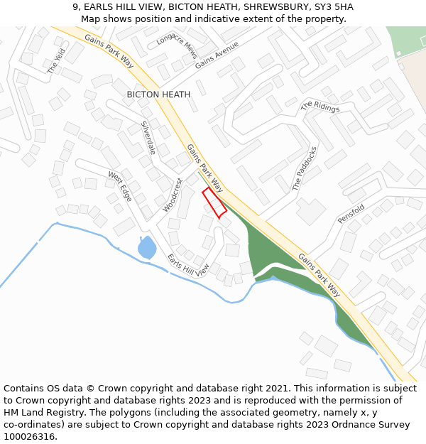 9, EARLS HILL VIEW, BICTON HEATH, SHREWSBURY, SY3 5HA: Location map and indicative extent of plot