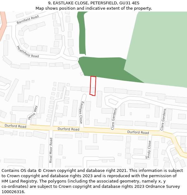 9, EASTLAKE CLOSE, PETERSFIELD, GU31 4ES: Location map and indicative extent of plot