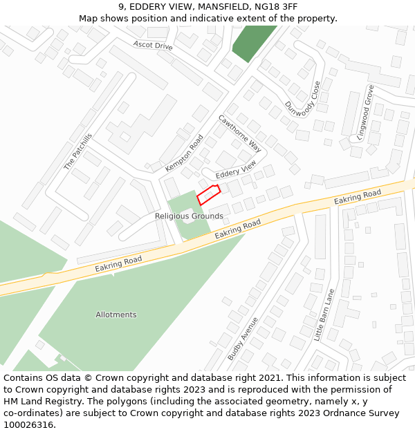 9, EDDERY VIEW, MANSFIELD, NG18 3FF: Location map and indicative extent of plot