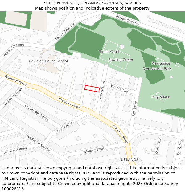 9, EDEN AVENUE, UPLANDS, SWANSEA, SA2 0PS: Location map and indicative extent of plot