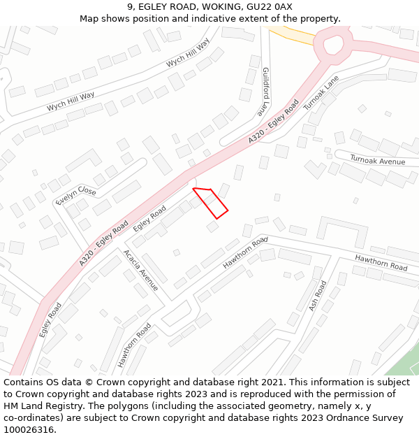 9, EGLEY ROAD, WOKING, GU22 0AX: Location map and indicative extent of plot