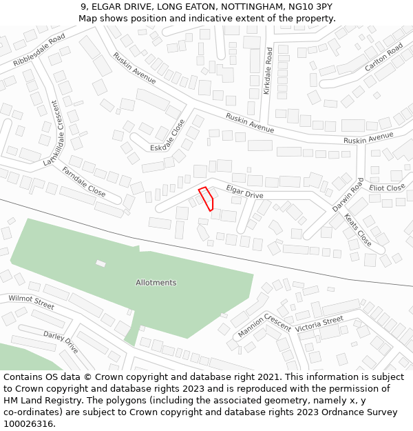 9, ELGAR DRIVE, LONG EATON, NOTTINGHAM, NG10 3PY: Location map and indicative extent of plot