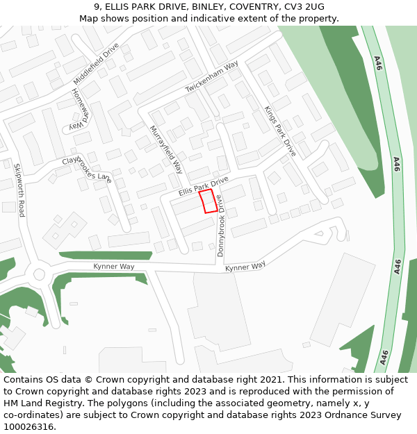 9, ELLIS PARK DRIVE, BINLEY, COVENTRY, CV3 2UG: Location map and indicative extent of plot