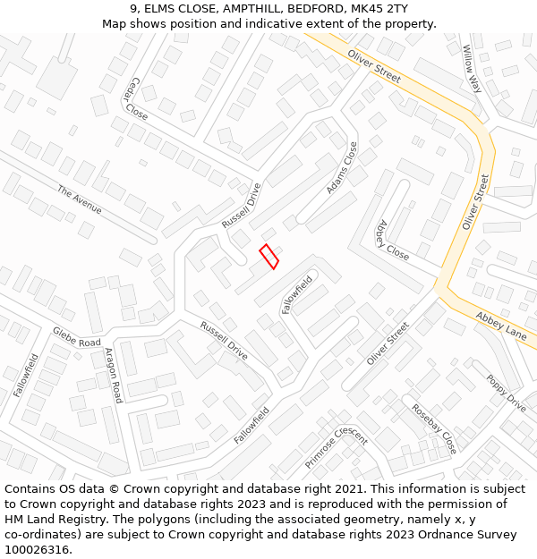 9, ELMS CLOSE, AMPTHILL, BEDFORD, MK45 2TY: Location map and indicative extent of plot