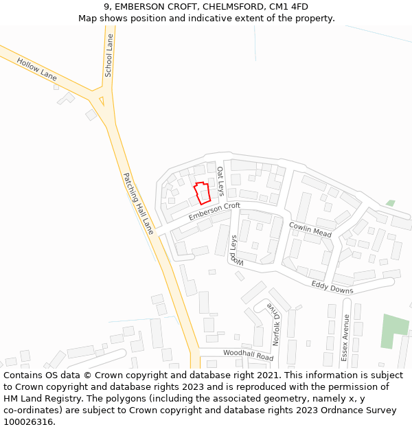 9, EMBERSON CROFT, CHELMSFORD, CM1 4FD: Location map and indicative extent of plot