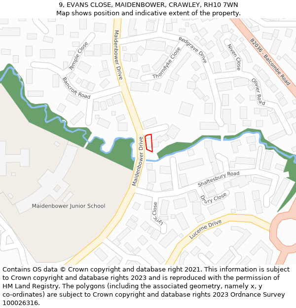 9, EVANS CLOSE, MAIDENBOWER, CRAWLEY, RH10 7WN: Location map and indicative extent of plot