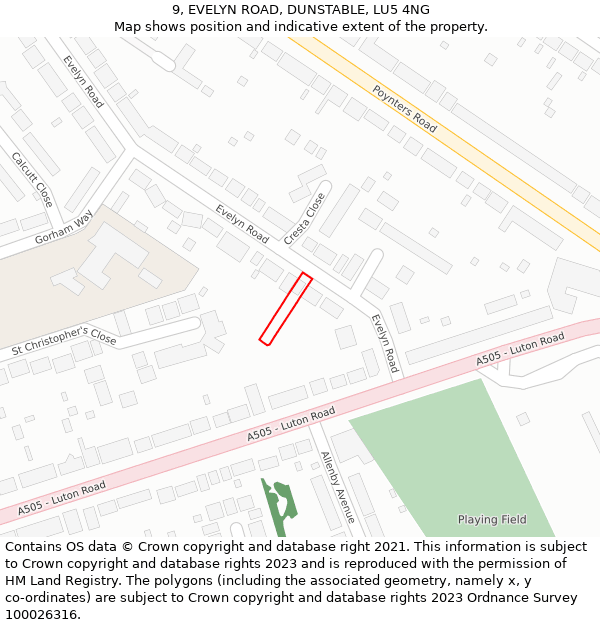 9, EVELYN ROAD, DUNSTABLE, LU5 4NG: Location map and indicative extent of plot