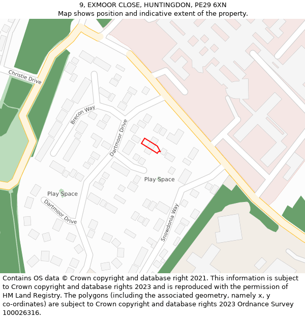 9, EXMOOR CLOSE, HUNTINGDON, PE29 6XN: Location map and indicative extent of plot