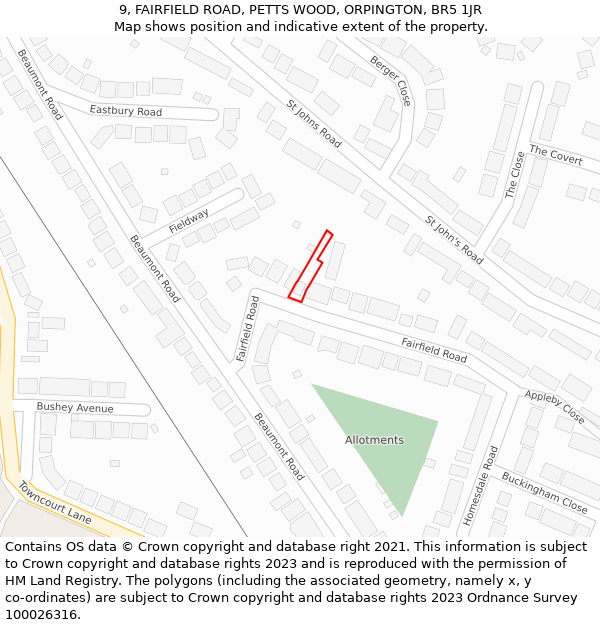 9, FAIRFIELD ROAD, PETTS WOOD, ORPINGTON, BR5 1JR: Location map and indicative extent of plot