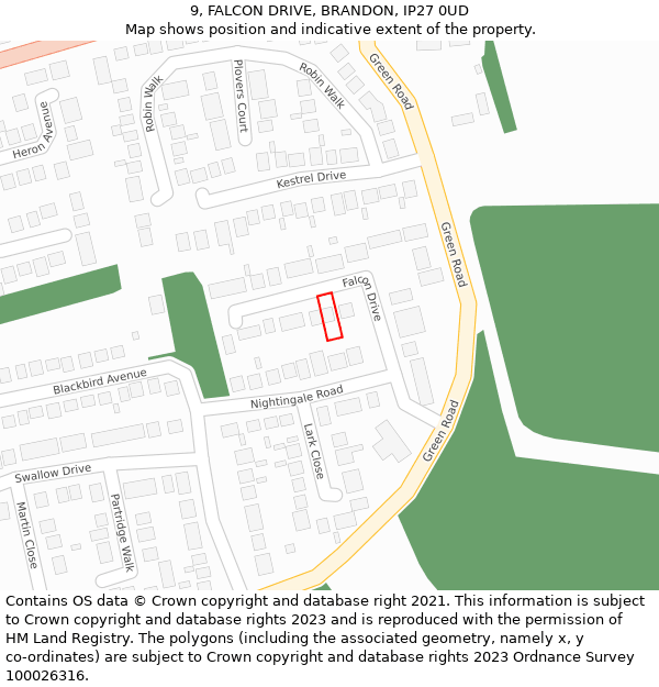 9, FALCON DRIVE, BRANDON, IP27 0UD: Location map and indicative extent of plot