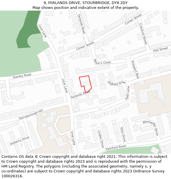 9, FARLANDS DRIVE, STOURBRIDGE, DY8 2DY: Location map and indicative extent of plot