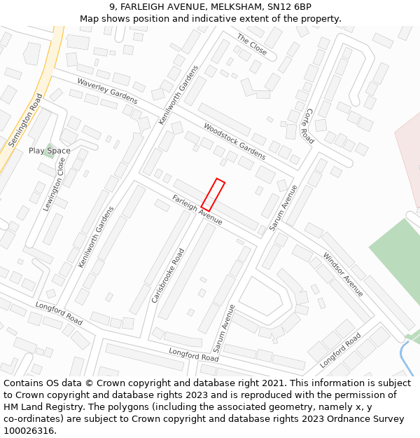 9, FARLEIGH AVENUE, MELKSHAM, SN12 6BP: Location map and indicative extent of plot