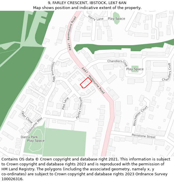 9, FARLEY CRESCENT, IBSTOCK, LE67 6AN: Location map and indicative extent of plot