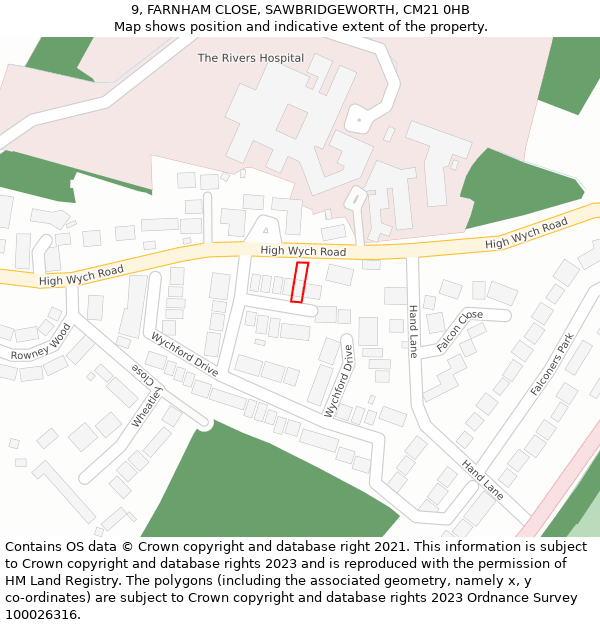9, FARNHAM CLOSE, SAWBRIDGEWORTH, CM21 0HB: Location map and indicative extent of plot