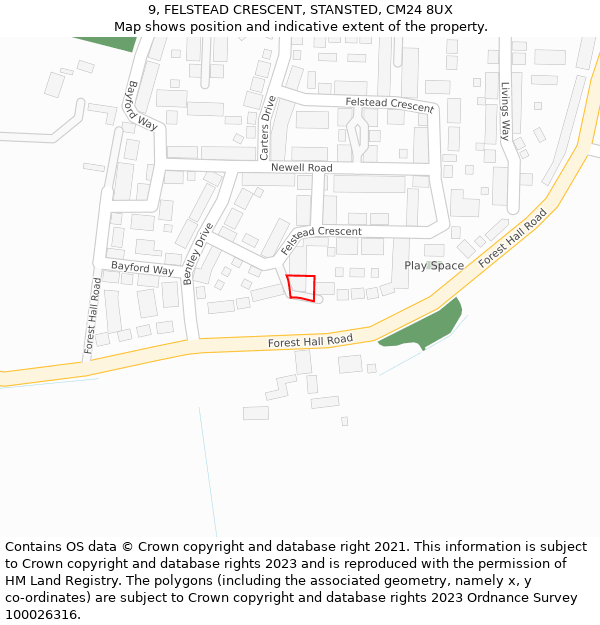9, FELSTEAD CRESCENT, STANSTED, CM24 8UX: Location map and indicative extent of plot