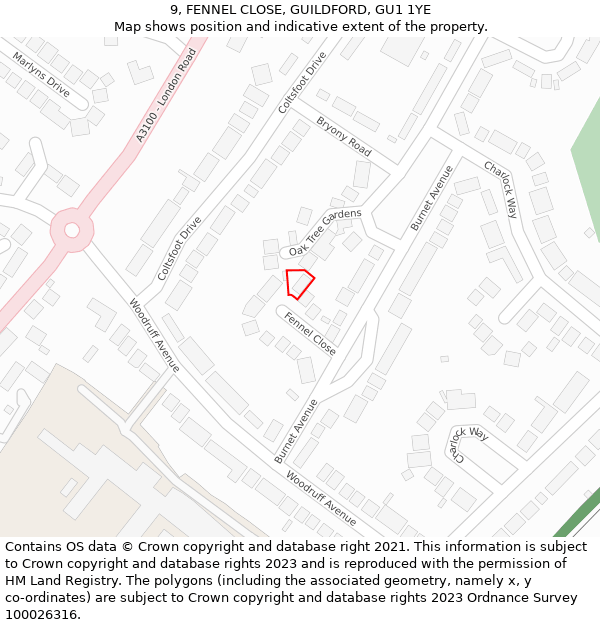 9, FENNEL CLOSE, GUILDFORD, GU1 1YE: Location map and indicative extent of plot