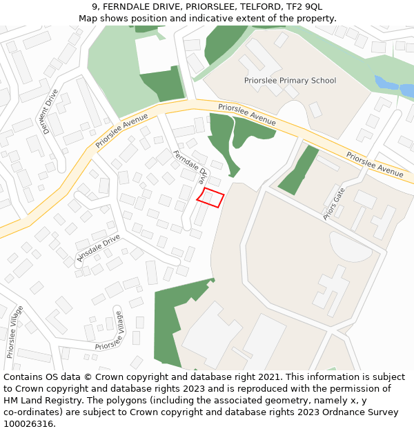 9, FERNDALE DRIVE, PRIORSLEE, TELFORD, TF2 9QL: Location map and indicative extent of plot