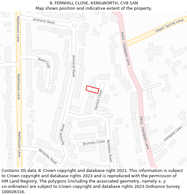 9, FERNHILL CLOSE, KENILWORTH, CV8 1AN: Location map and indicative extent of plot