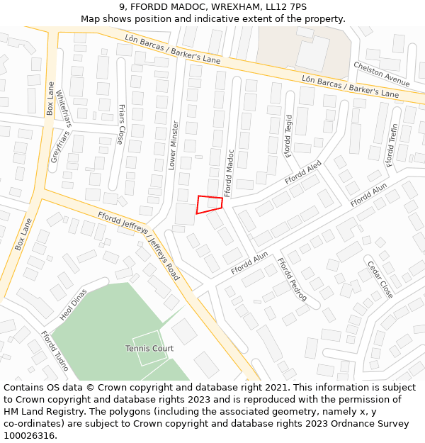 9, FFORDD MADOC, WREXHAM, LL12 7PS: Location map and indicative extent of plot