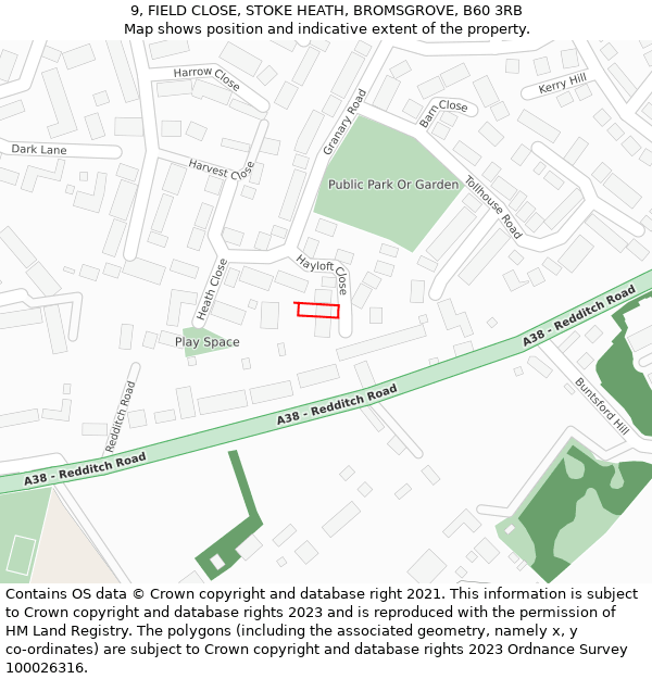 9, FIELD CLOSE, STOKE HEATH, BROMSGROVE, B60 3RB: Location map and indicative extent of plot