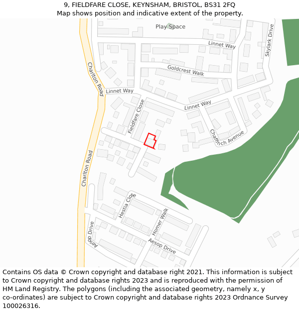 9, FIELDFARE CLOSE, KEYNSHAM, BRISTOL, BS31 2FQ: Location map and indicative extent of plot