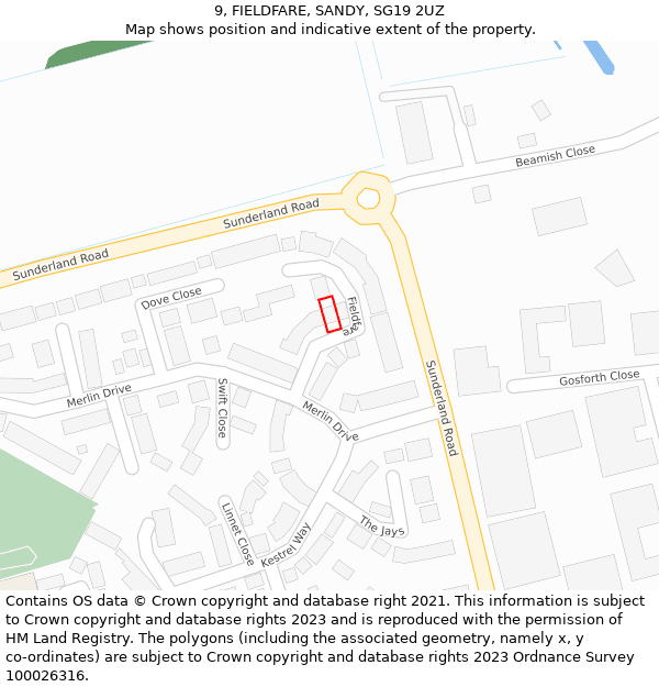 9, FIELDFARE, SANDY, SG19 2UZ: Location map and indicative extent of plot