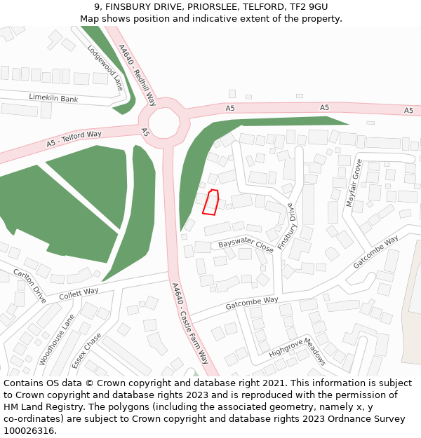 9, FINSBURY DRIVE, PRIORSLEE, TELFORD, TF2 9GU: Location map and indicative extent of plot