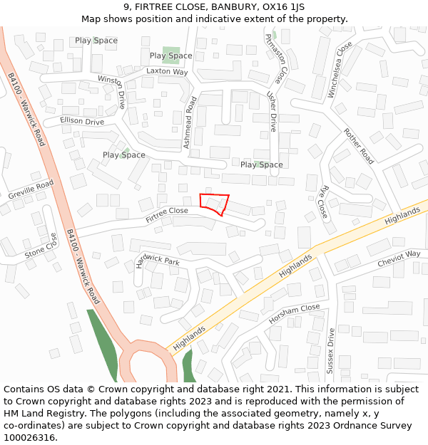 9, FIRTREE CLOSE, BANBURY, OX16 1JS: Location map and indicative extent of plot