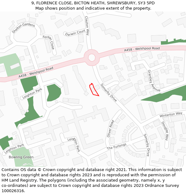 9, FLORENCE CLOSE, BICTON HEATH, SHREWSBURY, SY3 5PD: Location map and indicative extent of plot