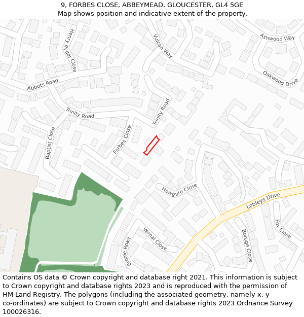 9, FORBES CLOSE, ABBEYMEAD, GLOUCESTER, GL4 5GE: Location map and indicative extent of plot