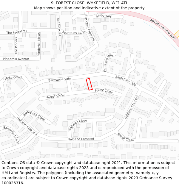 9, FOREST CLOSE, WAKEFIELD, WF1 4TL: Location map and indicative extent of plot