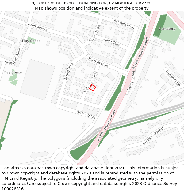 9, FORTY ACRE ROAD, TRUMPINGTON, CAMBRIDGE, CB2 9AL: Location map and indicative extent of plot