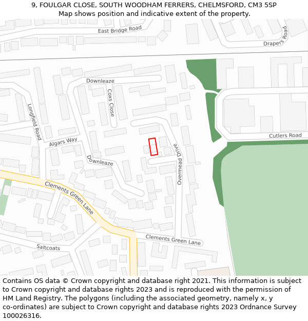 9, FOULGAR CLOSE, SOUTH WOODHAM FERRERS, CHELMSFORD, CM3 5SP: Location map and indicative extent of plot