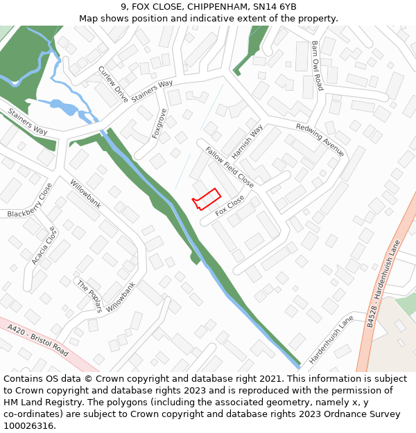 9, FOX CLOSE, CHIPPENHAM, SN14 6YB: Location map and indicative extent of plot