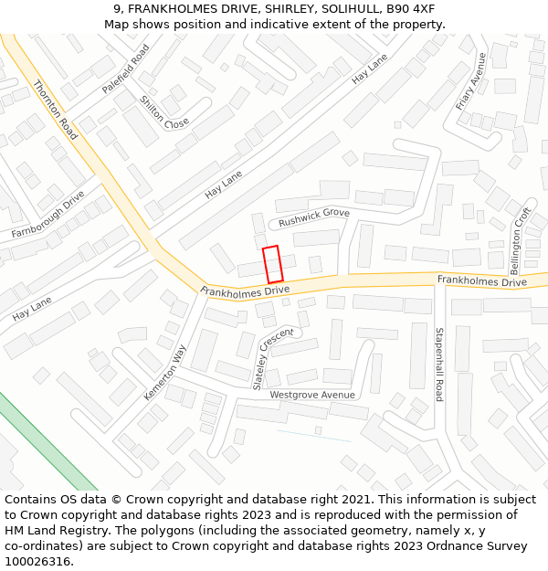 9, FRANKHOLMES DRIVE, SHIRLEY, SOLIHULL, B90 4XF: Location map and indicative extent of plot