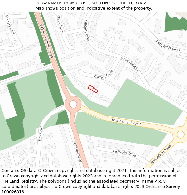 9, GANNAHS FARM CLOSE, SUTTON COLDFIELD, B76 2TF: Location map and indicative extent of plot