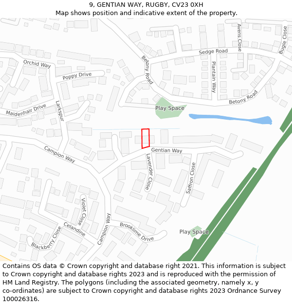 9, GENTIAN WAY, RUGBY, CV23 0XH: Location map and indicative extent of plot