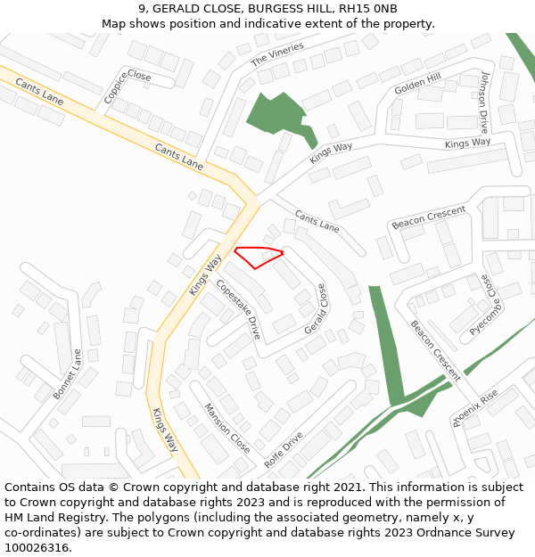 9, GERALD CLOSE, BURGESS HILL, RH15 0NB: Location map and indicative extent of plot